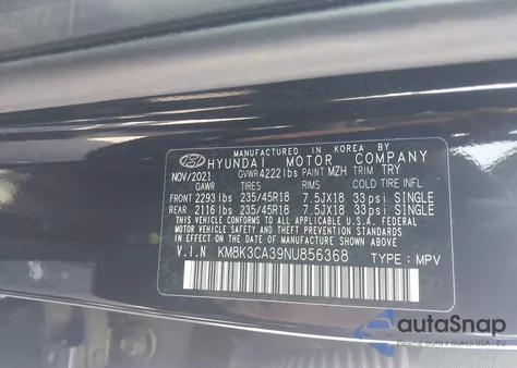 2022 Hyundai Kona N Line z USA, uszkodzony, nr VIN KM8K3CA39NU856368